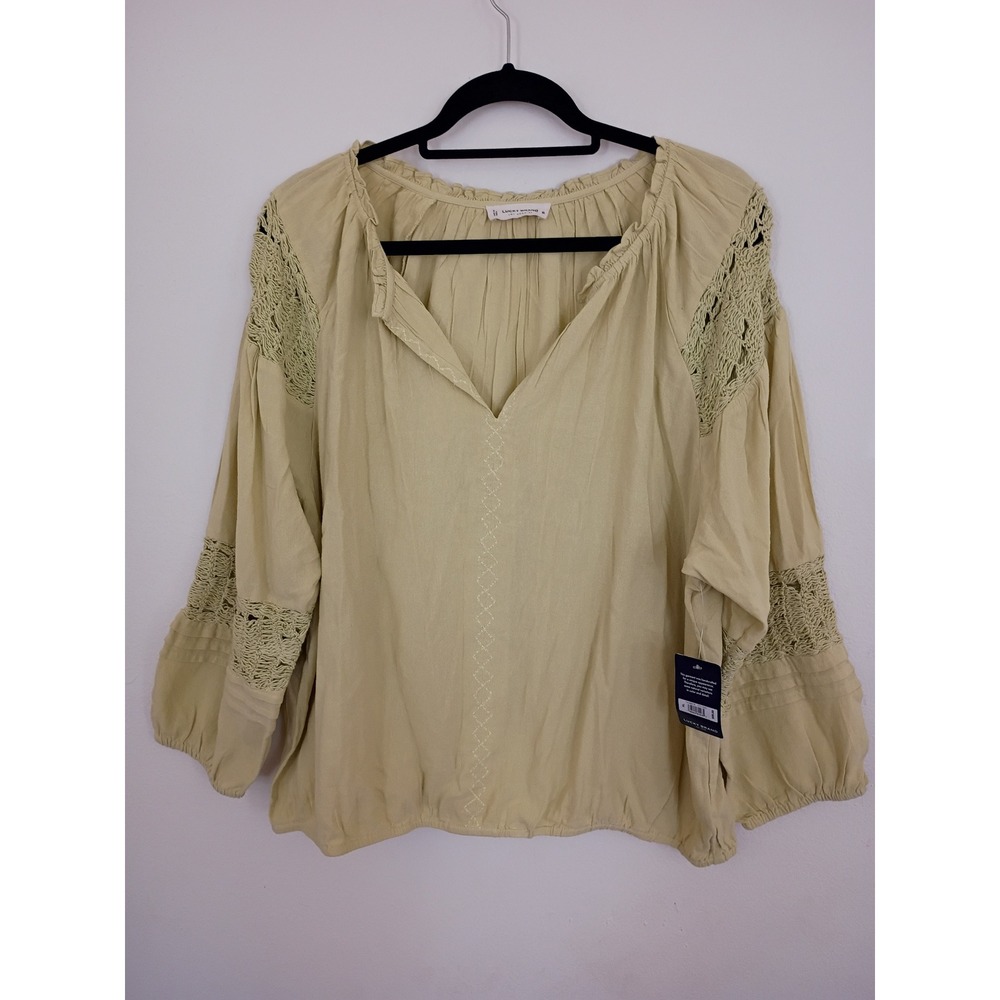 Lucky Brand Green Embroidered Crochet Lace Trim Blouse Long Sleeve Boho Top XL